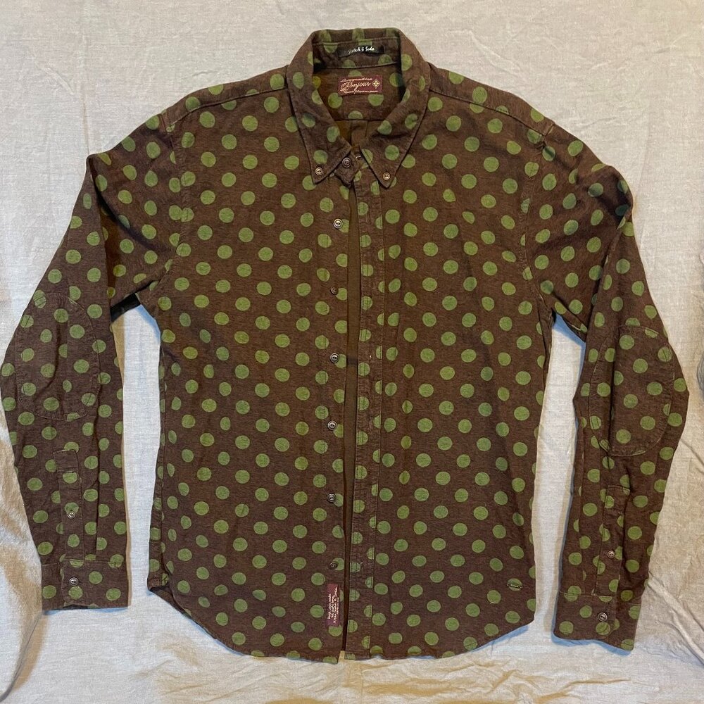 Scotch & Soda Men Medium long sleeve button down brown, green polka dot shirt